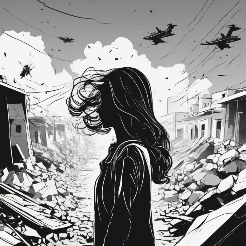 woman stands amid bombed buildings